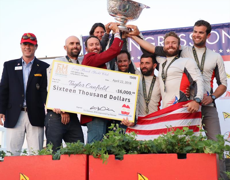 Taylor Canfield hold the winners cheque for the 2018 Congressional Cup. Mike Buckley issecond from right - photo © Bronny Daniels