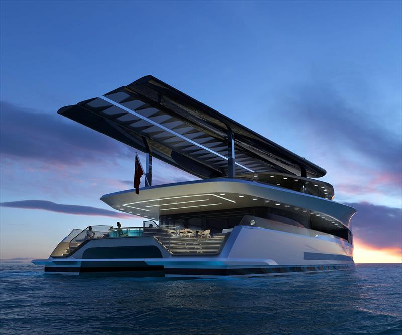 Dragonfly with her rigs 'stowed' and they offer enormous shade, yet do not project out past her transom - photo © Dixon Yacht Design