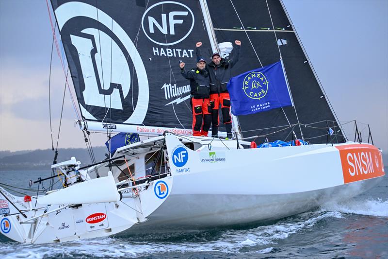 Corentin Douguet and Axel Tréhin (SNSM Faites un don!) arrive at La Coruña, Spain in the Transat Café L'or Le Havre Normandie 2025 - photo © Vincent Curutchet / Alea