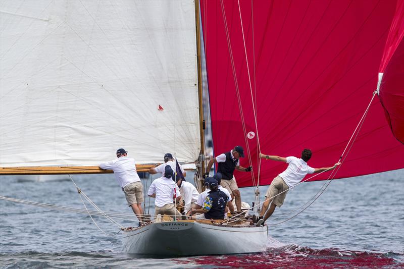 Transom tells us this is Nicole Shrimpton's Digby 8m, Defiance. Hawaiian Shirt tells us it is Nev Wittey on the tiller. - photo © Andrea Francolini