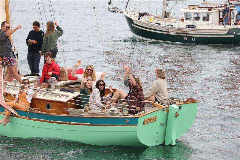 The crew of the gaff cutter Alva enjoying the Falmouth Classics Parade - photo © Nigel Sharp