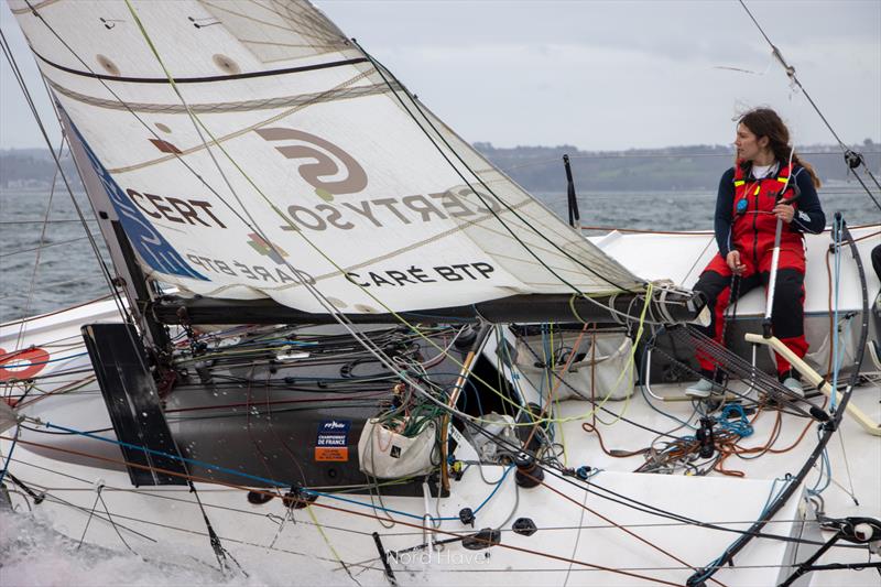 Ambre Hasson sailing On the Road Again II (618) as she prepares for the 2025 Mini Transat photo copyright Nora Havel taken at Chelsea Yacht Club, New York and featuring the Class Mini 5.80 class