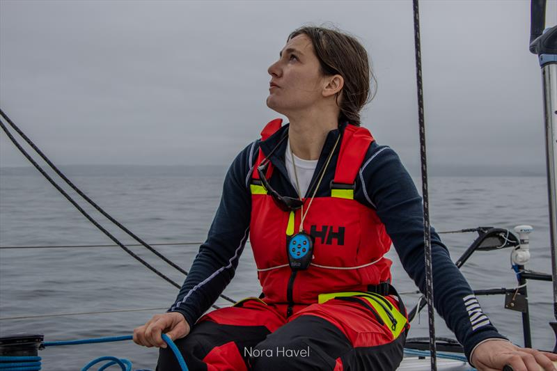 Ambre Hasson sailing On the Road Again II (618) as she prepares for the 2025 Mini Transat photo copyright Nora Havel taken at Chelsea Yacht Club, New York and featuring the Class Mini 5.80 class