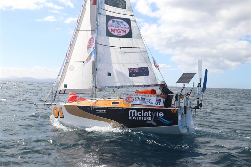 Don McIntyre, onboard Trekka, arrived in Lanzarote. Then 28 days and 3,000 miles later, he finished 3rd at National Sailing Academy in Antigua, completed 2021 Globe 580 Transat Race. Trekka will now compete in 2025 MGR with her new owner, Ertan Beskardes photo copyright CG580 / Etienne Messikommer taken at  and featuring the Class Mini 5.80 class