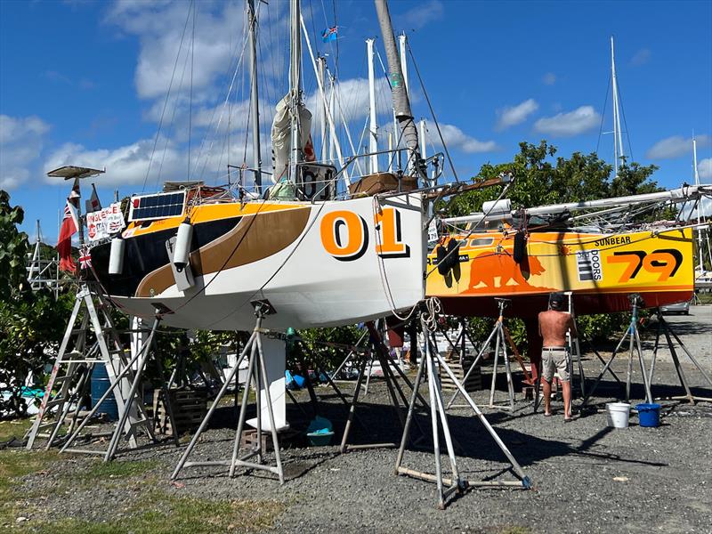 With another 16,000 miles to go and the last chance to check before Cape Town..many 580's are slipping for service and standing rigging replacements. TREKKA and SUNBEAR Hauled out on the hard! - photo © Don McIntyre / MGR2025