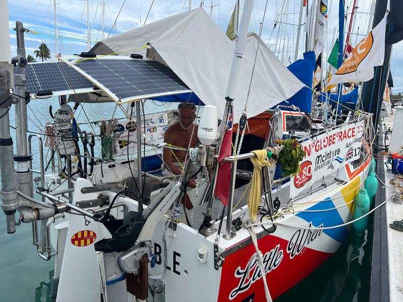 Adam Waugh (#170 LITTLE WREN / UK)  transforming his ALMA Globe 580 `Little Wren` from a Mini Ocean racer to comfortable Mini Live-Aboard enjoying five weeks of rest and exploration in Fiji before the start of Leg three to Cape Town on July 26th !! - photo © Don McIntyre / MGR2025