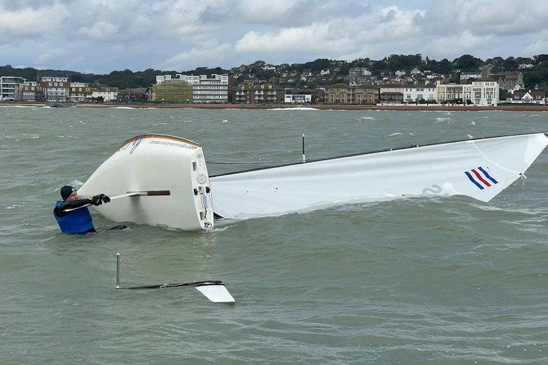 Always tie it on!!! - Contenders Travellers trophy round 7 at Hythe & Saltwood  photo copyright George Chandler taken at Hythe and Saltwood Sailing Club and featuring the Contender class