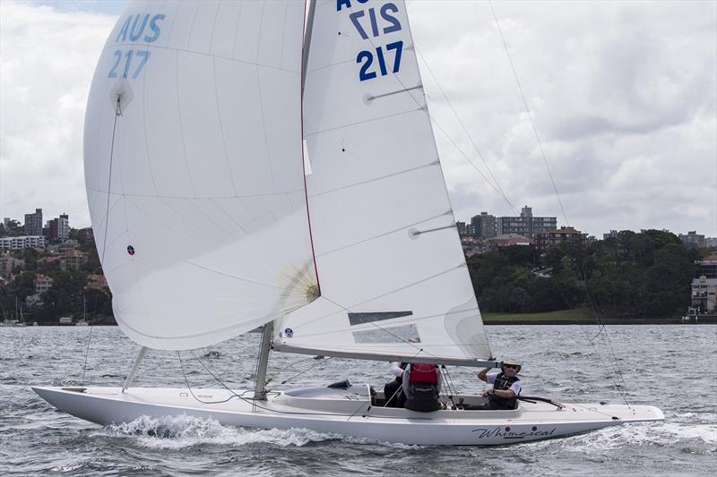 Gordon Ingate at the helm of Whimsical in a past Sydney Harbour Regatta photo copyright Andrea Francolini, MHYC taken at Middle Harbour Yacht Club and featuring the Dragon class