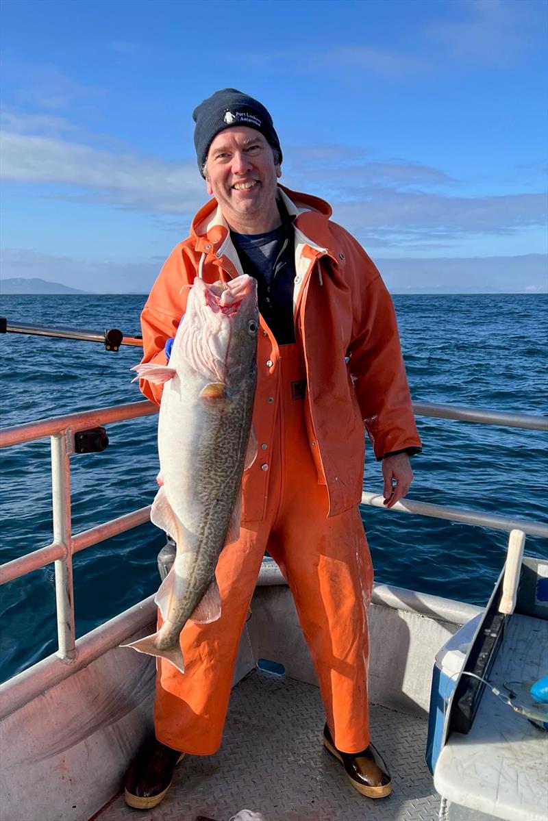 Ben Laurel with a mature Pacific cod caught in the Gulf of Alaska photo copyright Ben Laurel / NOAA Fisheries taken at  and featuring the Environment class