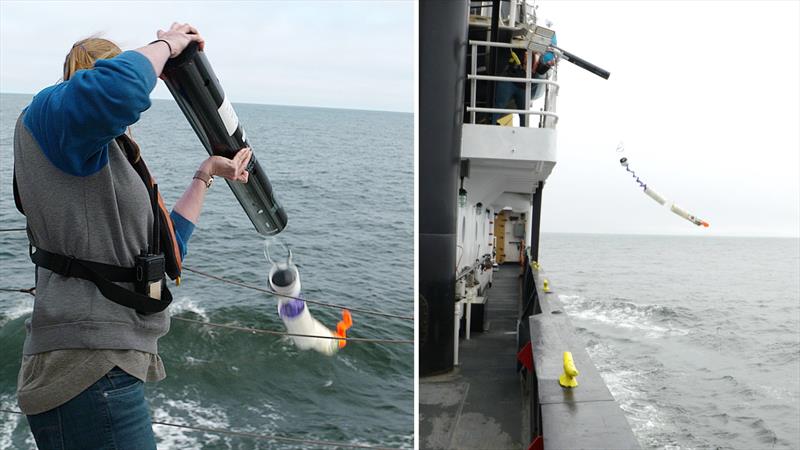 Deploying a sonobuoy from the NOAA Ship Oscar Dyson from two angles. - photo © NOAA Fisheries