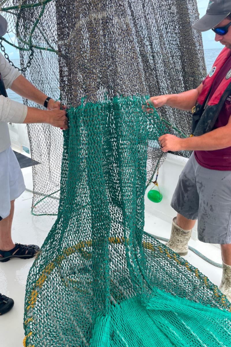 Researchers attach a TED to a trawl net used for testing photo copyright NOAA Fisheries taken at  and featuring the Environment class