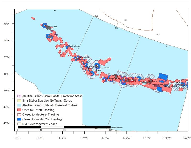 Map of the Aleutian Islands showing Habitat Conservation Areas closures. Additional fishing closures to protect Steller sea lions are also shown as they incidentally provide protection for coral and sponge communities - photo © NOAA Fisheries