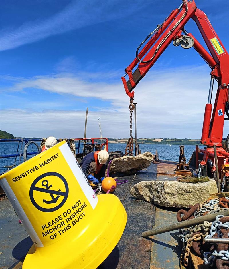 The new Advanced Mooring System (AMS) buoys designed, developed and installed off Trefusis Head by Mylor Mooring Services Ltd mark sensitive seagrass habitats whilst keeping their own mooring chains off the seabed photo copyright Mylor Mooring Services Ltd taken at  and featuring the Environment class