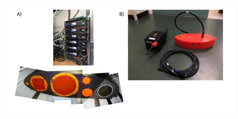 A) The acoustic instruments on NOAA Ship Oscar Dyson. These provide acoustic data at 18, 38, 70, 120, and 200 kHz. B) Acoustic instruments on Saildrone uncrewed surface vehicles. To save space and power, these only provide measurements at 38 kHz & 200 kHz - photo © NOAA Fisheries