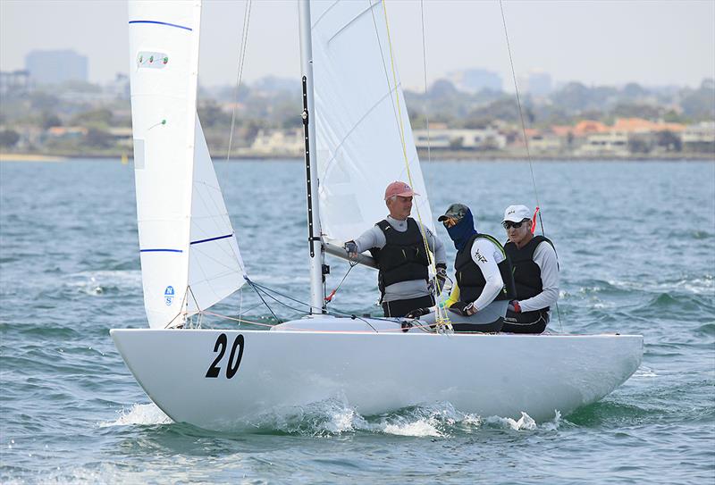 Noel Drennan on main for the Great Man, John Bertrand, with Jake Lilly on the bow - 2020 Etchells Australian Championship photo copyright John Curnow taken at Royal Brighton Yacht Club and featuring the Etchells class