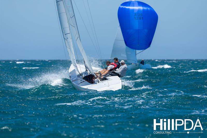 John Bertrand's Triad2020 sending it in the big Adelaide breeze - 2023 Australian Etchells Championship photo copyright Jack Fletcher taken at Cruising Yacht Club of South Australia and featuring the Etchells class