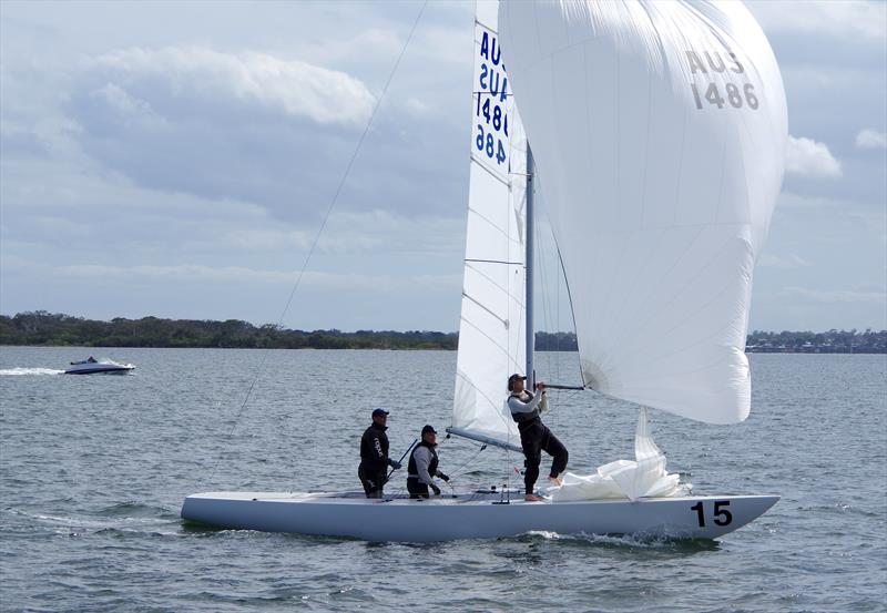 Magpie AUS1486 with Graeme Taylor, James Mayo and Ben Lamb on board, cross the finish line in second place in race 7, of the Etchells 2025 Australian championship - photo © Jeanette Severs