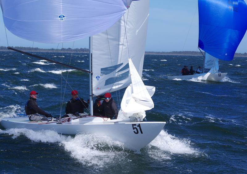 Sailing to Etchells Australian championship race 5 finish line - Lisa Rose with Jack Abbott on helm and crew of James McLennan, Tom Trotman & Xavier Winston-Smith, against Martin Naef's Karabos, with crew of Richard Parker, Andrew Herriot & William Hough - photo © Jeanette Severs