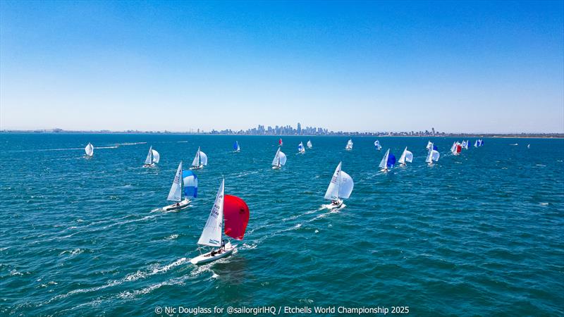 Fleet with Melbourne in the background - 2025 Etchells Pre-World Championship - photo © Nic Douglass @sailorgirlHQ