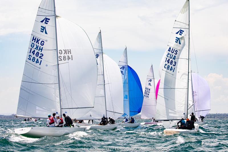 Downwind parade in Race 1 - Etchells World Championship 2025 day 1 - photo © Nic Douglass @sailorgirlHQ