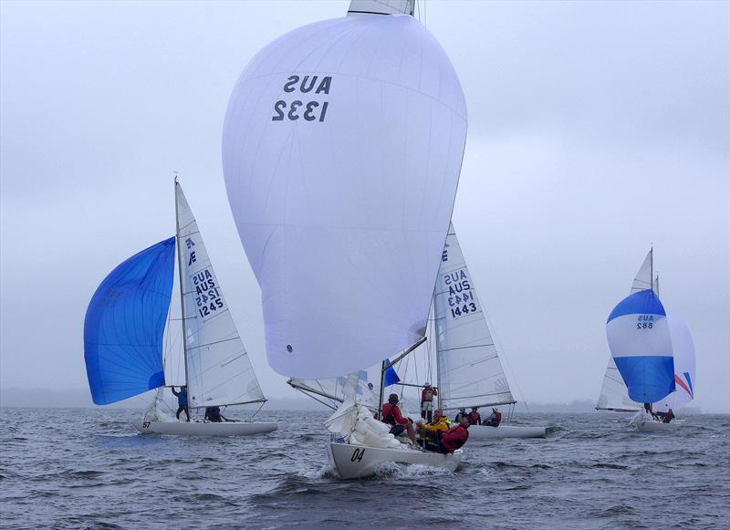 Come Monday leads the fleet in the downwind leg of race two in the 2025 East Gippsland Etchells Championship - photo © Jeanette Severs