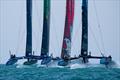 USA SailGP Team alongside New Zealand SailGP Teamahead of Canada SailGP Team and Australia SailGP Team during a practice session ahead of the Spain Sail Grand Prix in Cadiz, Spain. October 13, 2023 © Bob Martin/SailGP