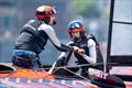 Annie Haeger, strategist of Canada SailGP Team, and Billy Gooderham, flight controller of Canada SailGP Team, in action on the grinding handles during a practice session ahead of the  Rockwool - Canada Sail Grand Prix in Halifax,  May 2024 © Ricardo Pinto/SailGP