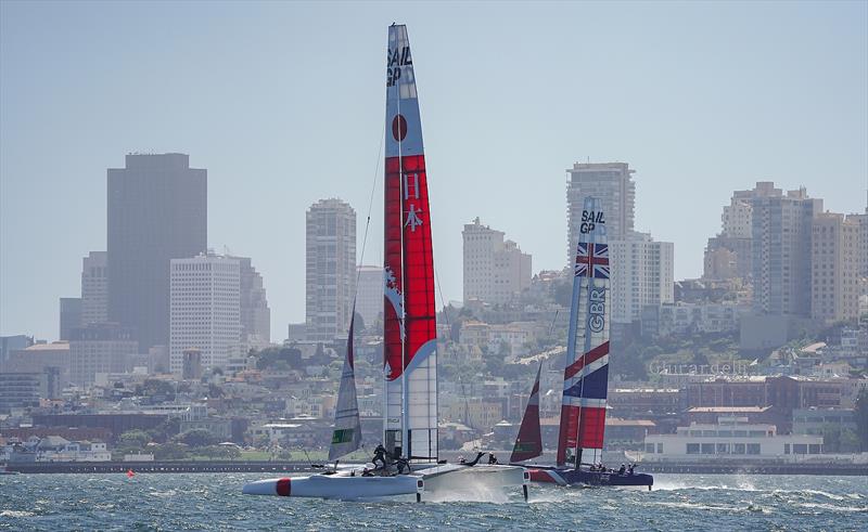 Great Britain SailGP Team skippered by Dylan Fletcher and Japan SailGP Team skippered by Nathan Outteridge raining on choppy waters in the bay. Race 2 Season 1 SailGP event in San Francisco, California,  photo copyright Beau Outteridge for SailGP taken at Golden Gate Yacht Club and featuring the F50 class