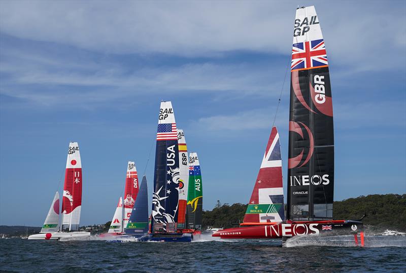 Great Britain SailGP Team helmed by Ben Ainslie prepares to overtake the fleet at the start of the first race on Race Day 2  - SailGP - Sydney - Season 2 - February 2020 - Sydney, Australia photo copyright Bob Martin/SailGP taken at Royal Sydney Yacht Squadron and featuring the F50 class