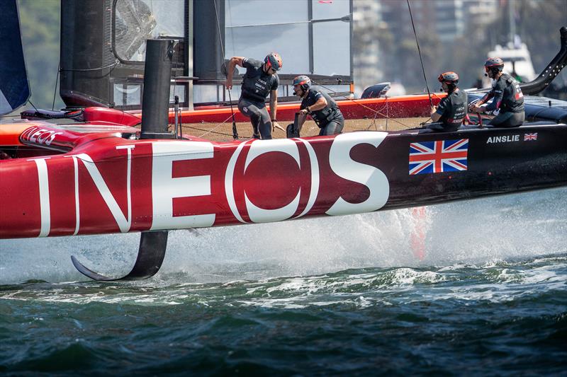 Grinders Neil Hunter and Richard Mason in action alongside Iain Jensen, wing trimmer, and Ben Ainslie, helmsman of Great Britain SailGP Team during a practice race ahead of Sydney SailGP- Season 2 - February 2020 - Sydney, Australia - photo © Lloyd Images