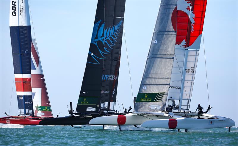 Great Britain SailGP Team helmed by Ben Ainslie, N SailGP Team helmed by Peter Burling, and Japan SailGP Team helmed by Nathan Outteridge in action Race Day 1 at Spain SailGP, - photo © Felix Diemer/SailGP