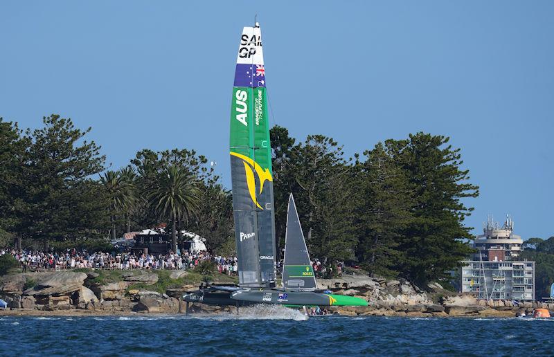 Australia SailGP Team helmed by Tom Slingsby race past Shark Island on Race Day 1, Australia Sail Grand Prix presented by KPMG photo copyright Bob Martin for SailGP taken at  and featuring the F50 class