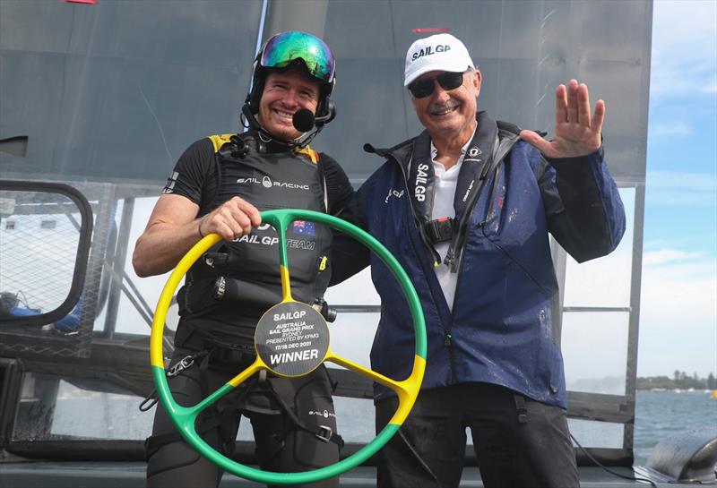 John Bertrand presents Tom Slingsby, CEO and driver of Australia SailGP Team with the winning trophy in the Australia Sail Grand Prix presented by KPMG - photo © Brett Costello/SailGP
