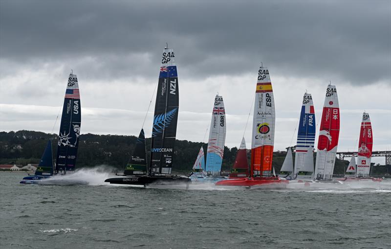 The fleet in action on Race Day 2 of San Francisco SailGP, Season 2 photo copyright Ricardo Pinto/SailGP taken at Golden Gate Yacht Club and featuring the F50 class