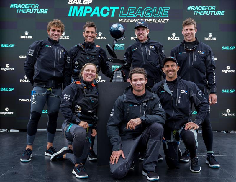 New Zealand SailGP Team co-helmed by Peter Burling and Blair Tuke at the presentation of the Impact League Trophy on Race Day 2 of San Francisco SailGP, Season 2 - photo © Bob Martin/SailGP