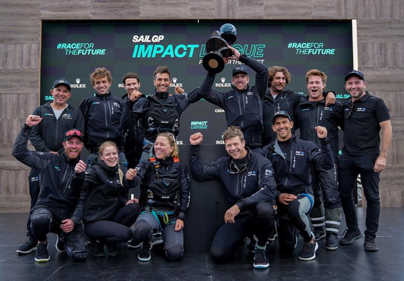 New Zealand SailGP Team co-helmed by Peter Burling and Blair Tuke at the presentation of the Impact League Trophy on Race Day 2 of San Francisco SailGP - photo © Bob Martin/SailGP