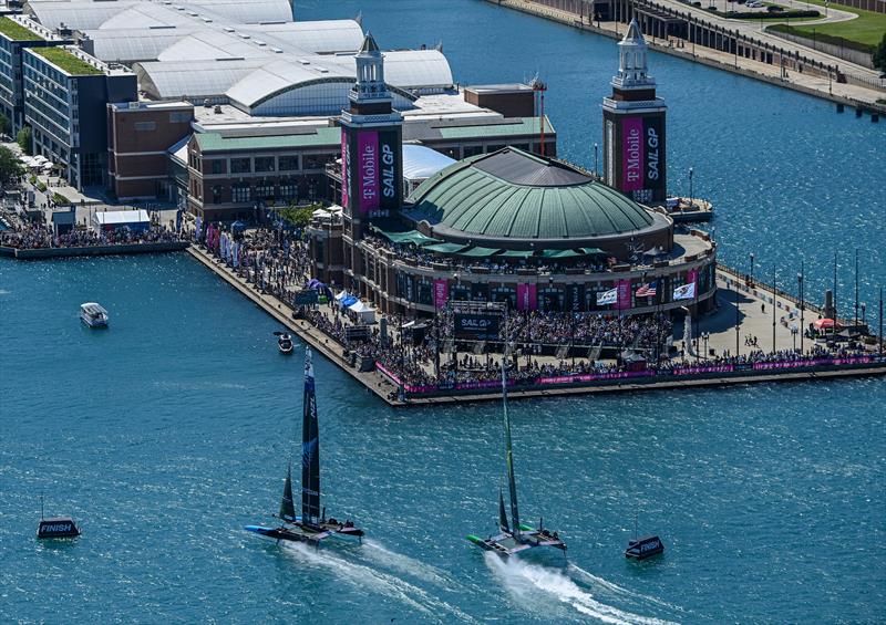 New Zealand SailGP Team and Australia SailGP Team sail towards the Navy Pier on Race Day 1 - T-Mobile United States Sail Grand Prix, Chicago at Navy Pier, Lake Michigan, Season 3 - photo © Jon Buckle/SailGP