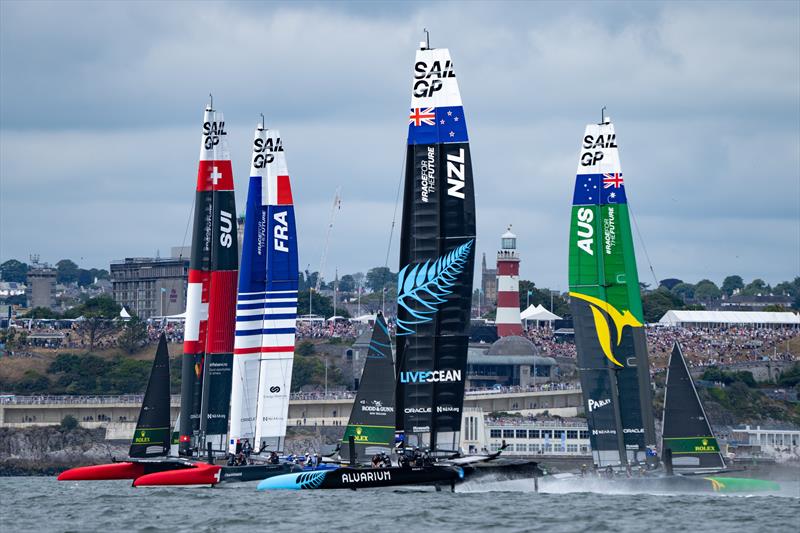 Switzerland SailGP Team, Australia SailGP Team , France SailGP Team and New Zealand SailGP Team in action on Race Day 1 of the Great Britain Sail Grand Prix | Plymouth in Plymouth, England. 30th July 2022 - photo © Bob Martin/ SailGP