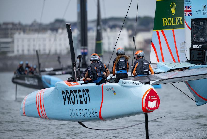 The Duchess of Cambridge takes the wheel as she competes alongside Sir Ben Ainslie for the Great Britain SailGP Team in a special one-off Commonwealth race against New Zealand SailGP Team on Race Day 2 of the Great Britain Sail Grand Prix | Plymouth photo copyright Ricardo Pinto for SailGP taken at  and featuring the F50 class