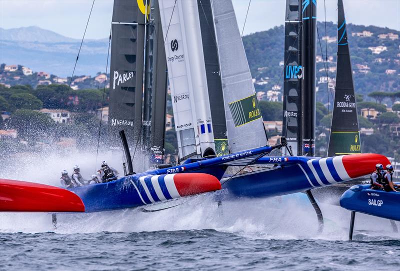 France SailGP Team helmed by Quentin Delapierre leap out of the water during a practice session ahead of the Range Rover France Sail Grand Prix in Saint Tropez, France. 8th September  photo copyright David Gray/SailGP taken at Société Nautique de Saint-Tropez and featuring the F50 class