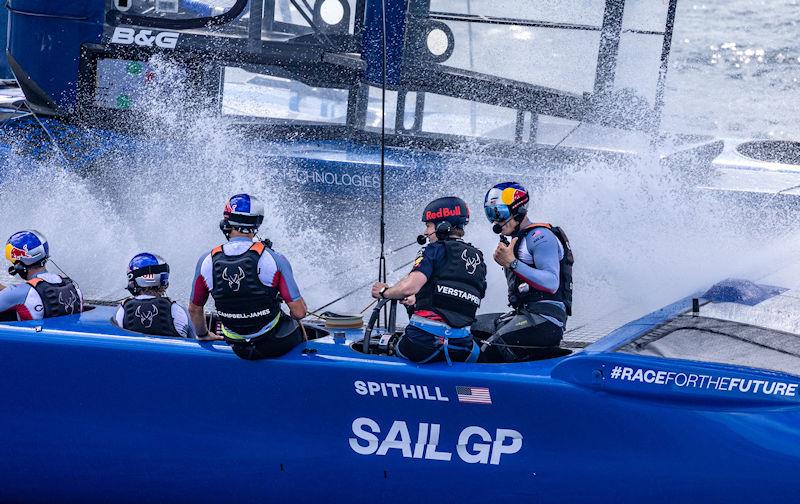 Max Verstappen, Red Bull Racing Formula One driver, at the wheel as he leads the USA SailGP Team during a 'drag race' against Australia SailGP Team helmed by Tom Slingsby ahead of the Range Rover France Sail Grand Prix in Saint Tropez, France photo copyright David Gray for SailGP taken at  and featuring the F50 class