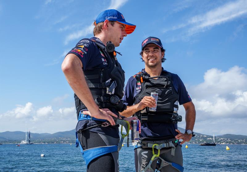 Sergio Perez and Max Verstappen, Red Bull Racing Formula One drivers, react after taking part in a drag race with USA SailGP Team against Australia SailGP Team  ahead of the Range Rover France Sail Grand Prix in Saint Tropez, France. 6th September  photo copyright Adam Warner/SailGP taken at Société Nautique de Saint-Tropez and featuring the F50 class
