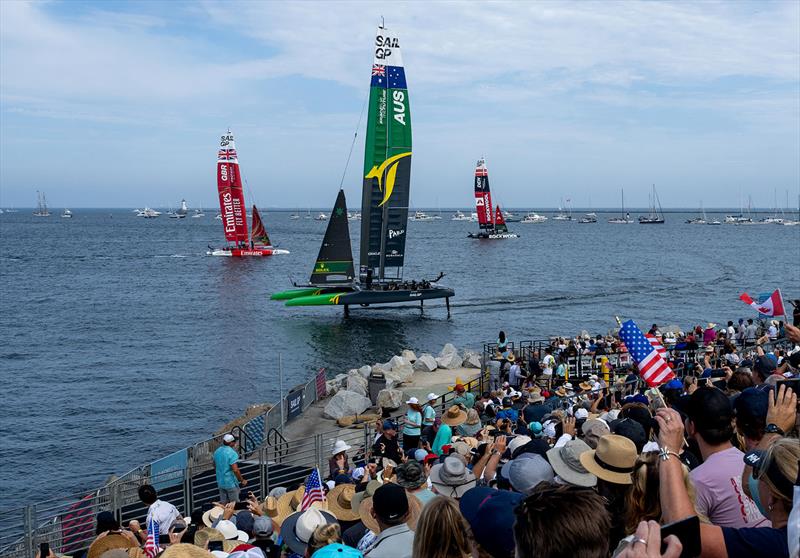 Spectators watch from the grandstand in the Race Stadium as Australia SailGP Team sail past on Race Day 1 of the Oracle Los Angeles Sail Grand Prix at the Port of Los Angeles, in California, USA. 22nd July photo copyright Adam Warner for SailGP taken at Los Angeles Yacht Club and featuring the F50 class