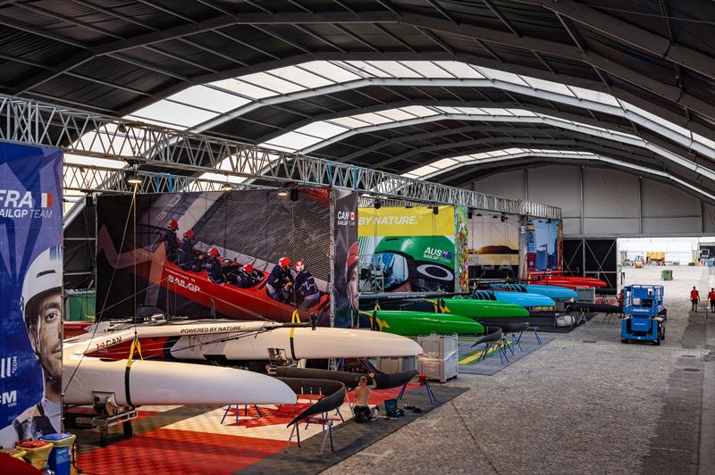 View of the Canada SailGP Team, Australia SailGP Team and New Zealand SailGP Team areas inside the technical area ahead of the Spain Sail Grand Prix in Cadiz, Spain. 12th October  - photo © Felix Diemer/SailGP