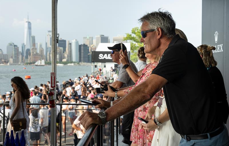 Sir Russell Coutts, SailGP CEO, watches Loud Luxury on Race Day 1 of the Mubadala New York Sail Grand Prix in New York,  Saturday June 22, 2024 photo copyright Adam Warner/SailGP taken at New York Yacht Club and featuring the F50 class