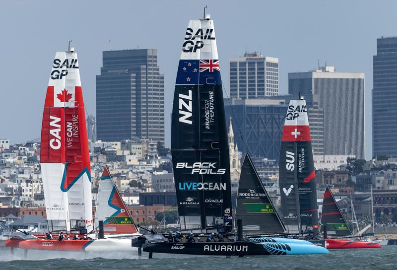 New Zealand leads SailGP Fleet  - Race Day 1 - SailGP Season 4 Grand Final in San Francisco, USA. July 13, 2024 photo copyright Samo Vidic/SailGP taken at San Francisco Yacht Club and featuring the F50 class