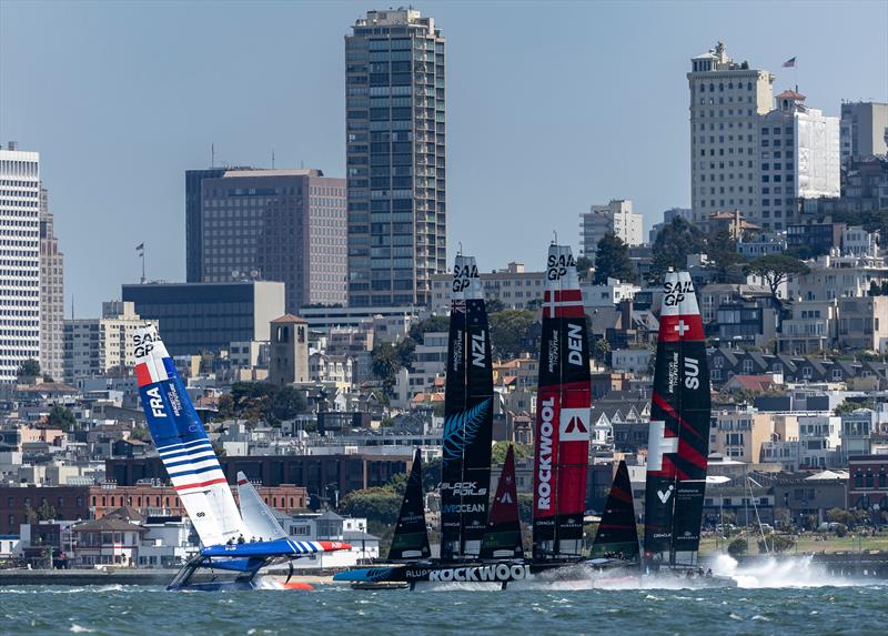 France SailGP Team after colliding with the Denmark SailGP Team Race Day 2 -  SailGP Season 4 Grand Final in San Francisco, USA - July 14, 2024 photo copyright Samo Vidic / SailGP taken at San Francisco Yacht Club and featuring the F50 class