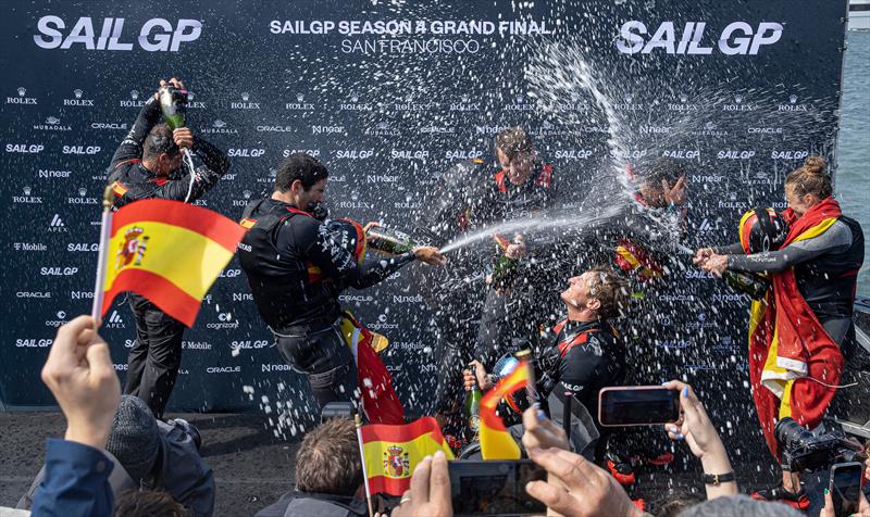 Spain SailGP team celebrate their win - Race Day 2 -  SailGP Season 4 Grand Final in San Francisco, USA - July 14, 2024 photo copyright Katelyn Mulcahy / SailGP taken at San Francisco Yacht Club and featuring the F50 class