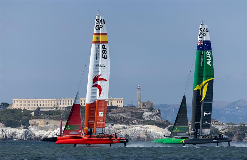 Spain and Australia contest the Grand Final - Race Day 2 -  SailGP Season 4 Grand Final in San Francisco, USA - July 14, 2024 photo copyright Samo Vidic / SailGP taken at San Francisco Yacht Club and featuring the F50 class