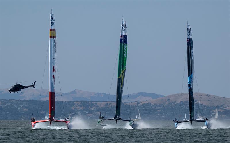 Spain SailGP Team helmed by Diego Botin, Australia SailGP Team helmed by Tom Slingsby and New Zealand SailGP Team helmed by Peter Burling in action on Race Day 2 of the SailGP Season 4 Grand Final in San Francisco photo copyright Samo Vidic for SailGP taken at  and featuring the F50 class